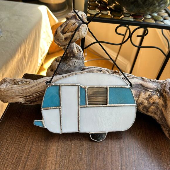 Deep Aqua Blue Stained Glass Camper Suncatcher - Travel Trailer Decoration - Picture 5 of 9